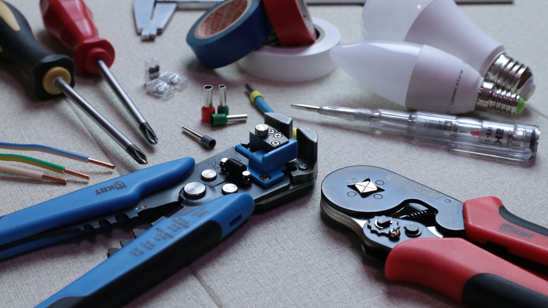 A table topped with different types of tools